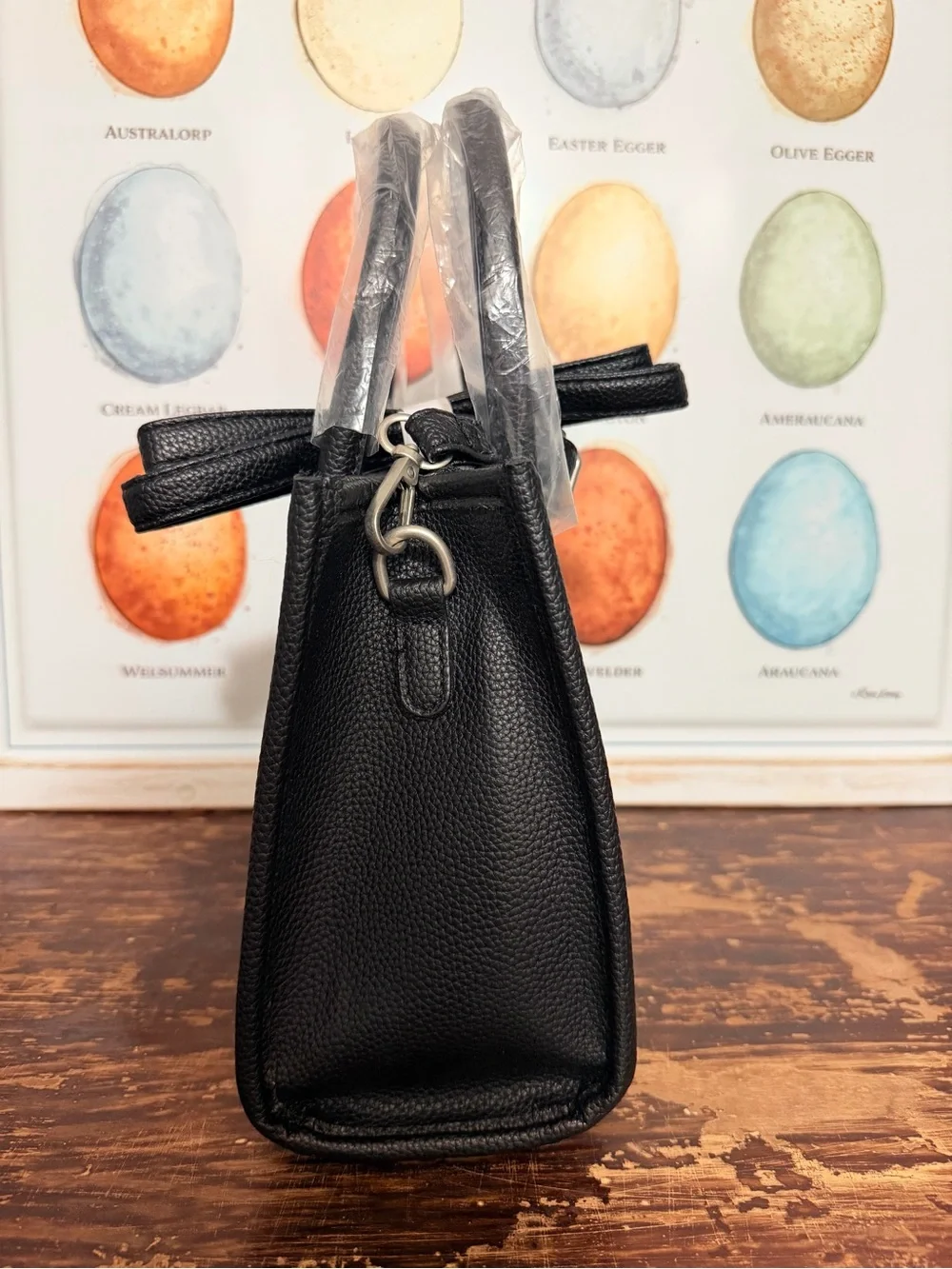 French Connection Black Pebbled Leather Satchel with Front Zip